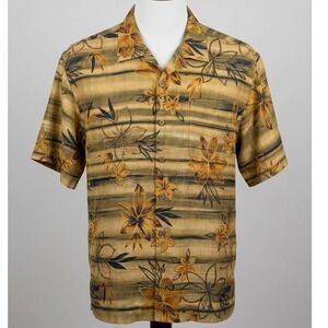 Tommy Bahama Relax XL Silk Shirt Gold Floral Stripe Tropical Coastal Resortwear